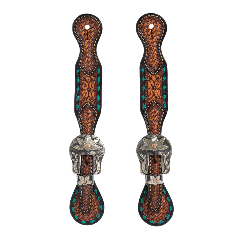 Weaver Turquoise Cross Ladies' Spur Straps, Floral Buckstitch - Irvine Tack & Western Wear