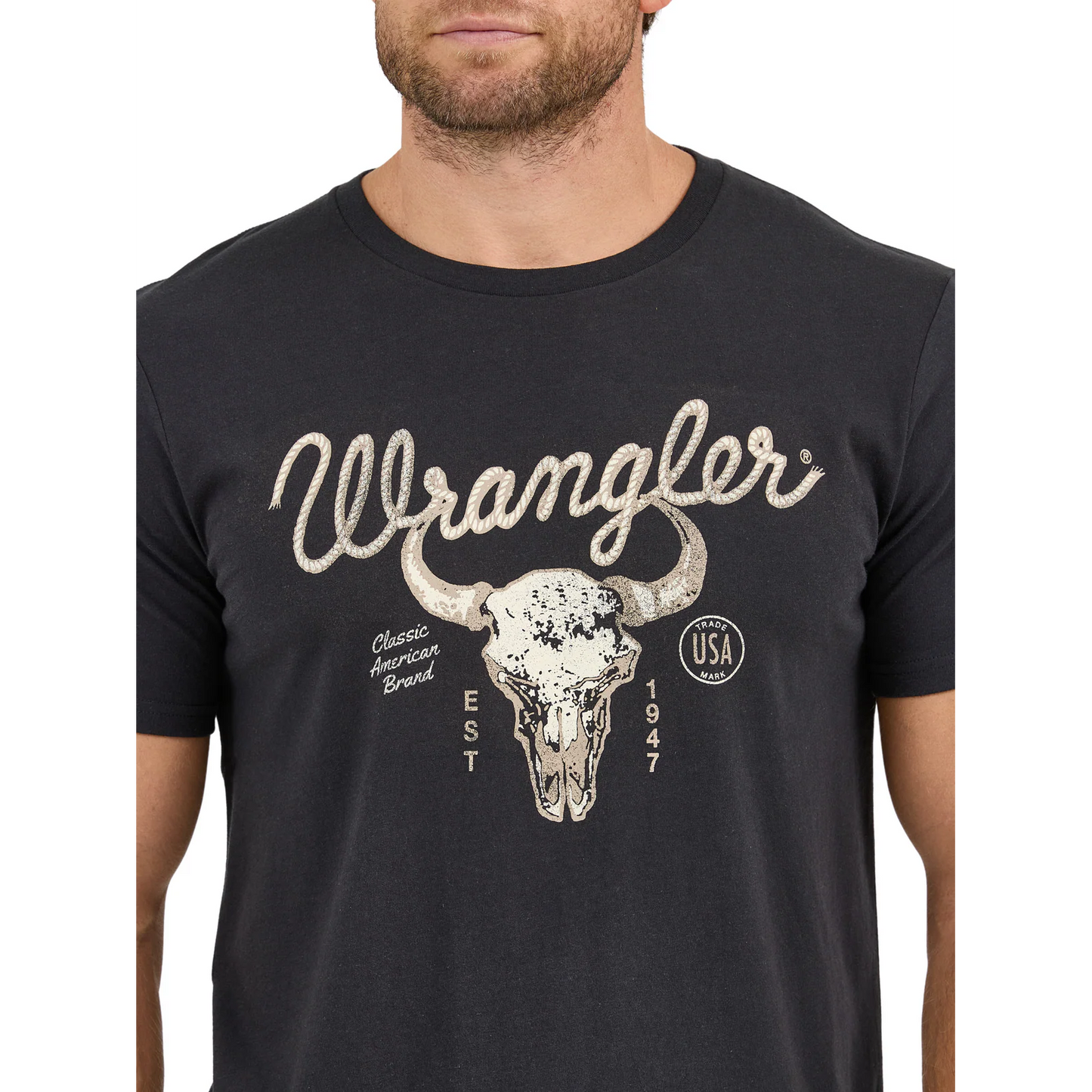 Wrangler Men's Short Sleeve Regular Fit Graphic Steer Skull Tee Shirt- Black