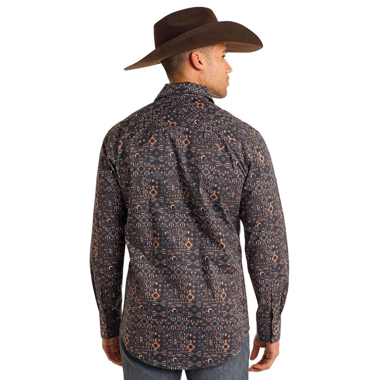Rock & Roll Men's Geo Printed Long Sleeve Shirt- Brown