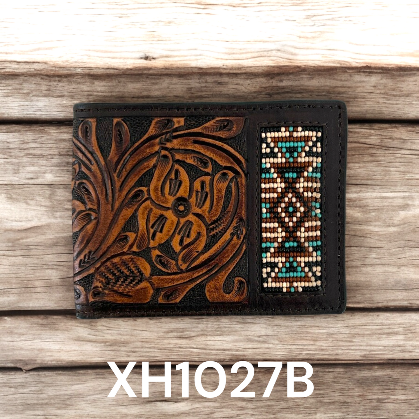 Twisted X Wallet, Bifold with Floral Carving TT Finish & Aztec Beads