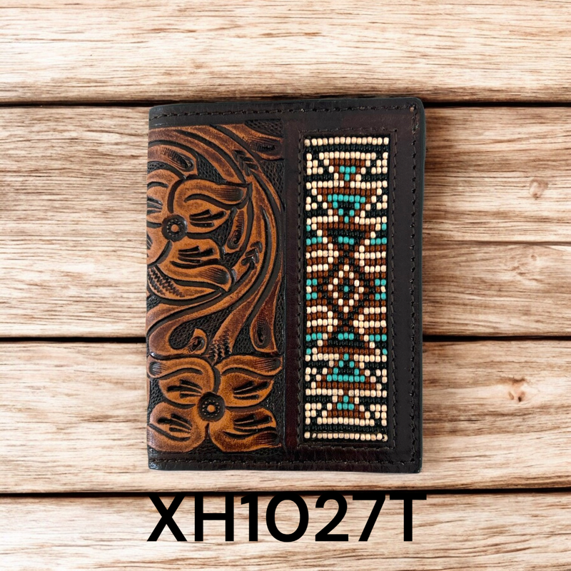 Twisted X -  Trifold with Floral Carving TT Finish and Aztec Bead Inlay