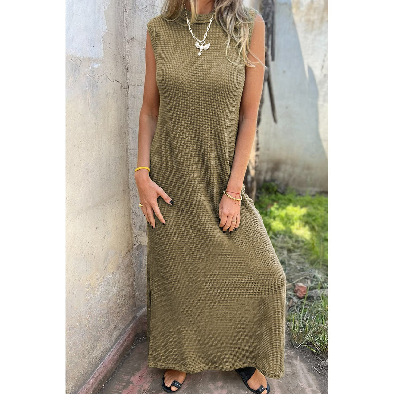 Dear Lover Women's Waffle Knit Sleeveless Long Dress w/Slits - Jungle Green