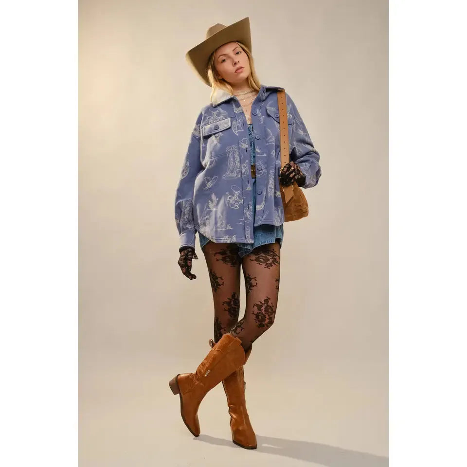 Blue B All Over Western Printed Long Sleeve Loose Fit Shacket- Multiple Colours