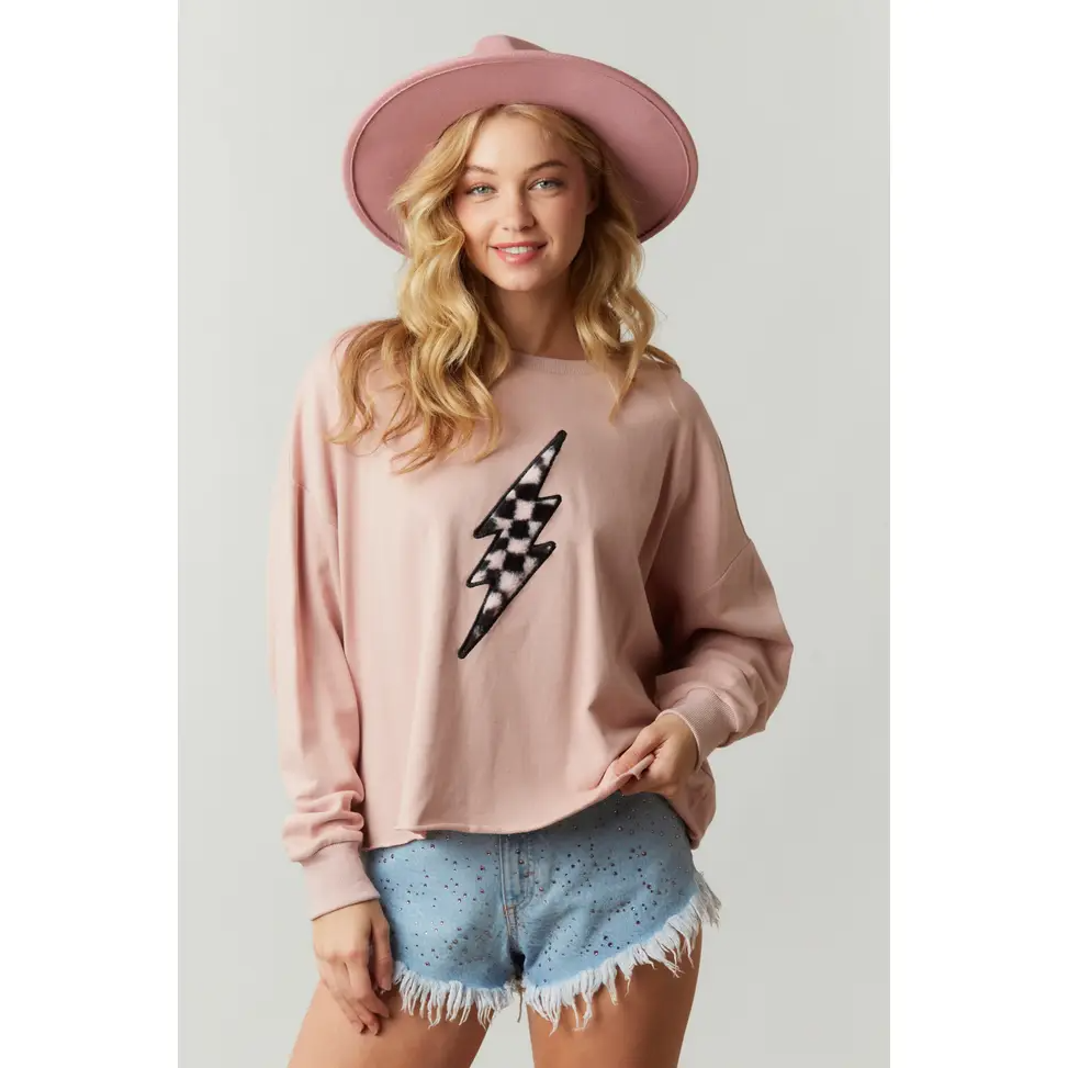 Peach Love Women's Thunder Checker Patch Knit Sweatshirt