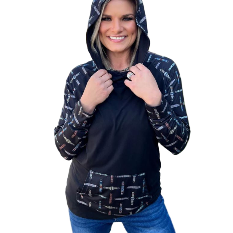 Cinched Up Women's Long Sleeve Tee Shirt Hoodie- Black