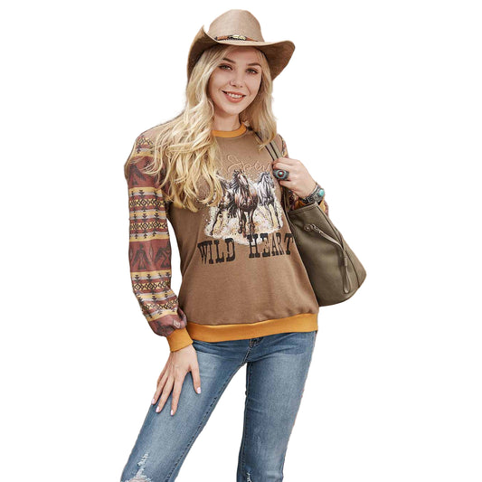 American Bling Women's Horse Graphic Patchwork Aztec Sweatshirt - Coffee