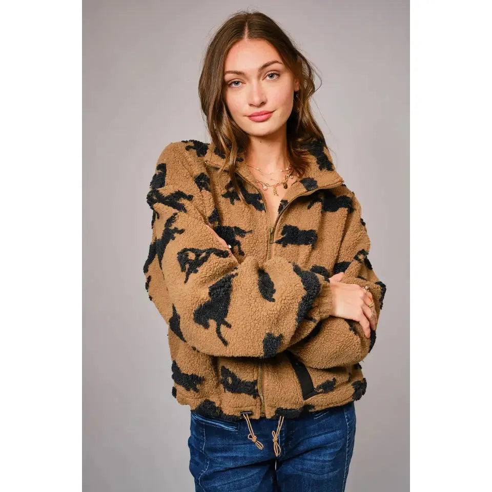 Blue B Wild Sherpa Oversized Zip Up Horse Jacket- Camel
