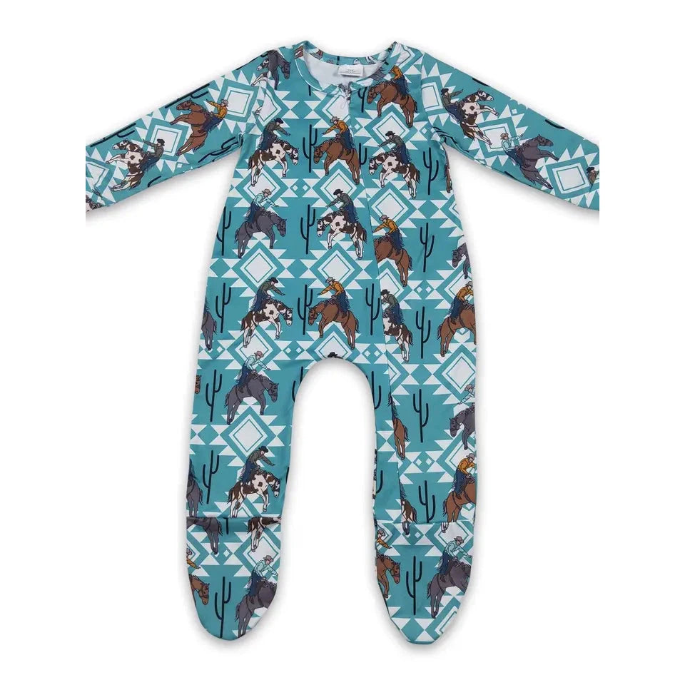 Yawoo Baby's Horse Cactus Aztec Footed Zipper Coveralls - Turquoise