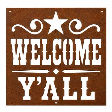 Rustic Metal "Welcome Y'all" Sign - Brown