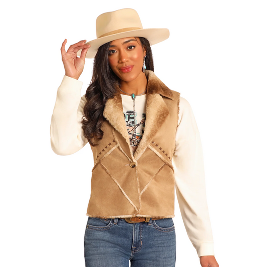 Powder River Women's Micro Suede Faux Fur Vest- Camel