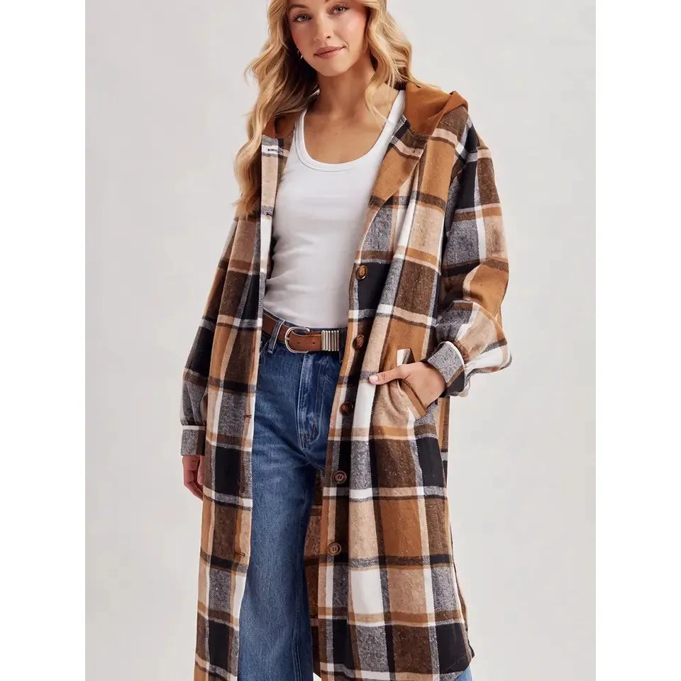 Bluivy Women's Long Sleeve Longline Plaid Hooded Jacket- Multiple Colours