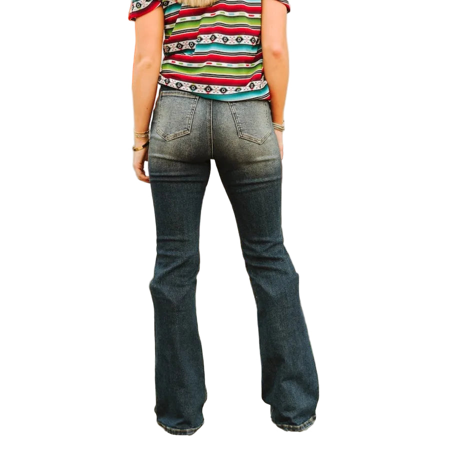 Lucky & Blessed Women's Plus Size High Rise Darted Waist Flare Jeans - Dark Wash