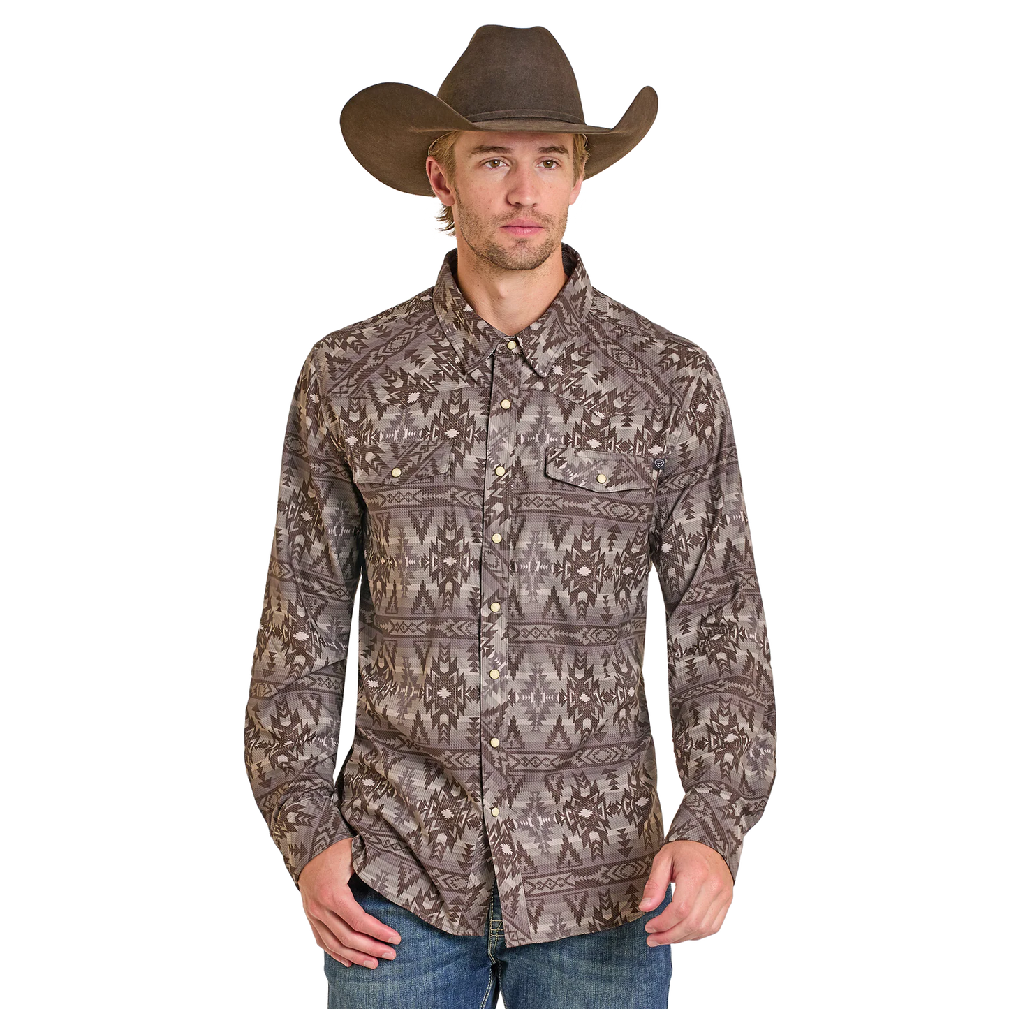 Rock & Roll Boy's Tek Aztec Print Long Sleeve Snap Shirt - Chocolate
