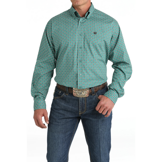 Cinch Men's Long Sleeve Geometric Print Shirt- Green