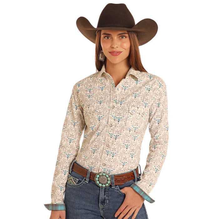 Panhandle Women's Long Sleeve Corduroy Snap Shirt- Natural