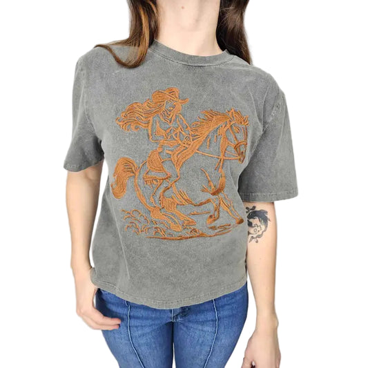 Women's Short Sleeve Cowgirl Embroide3ry Acid Washed Tee Shirt- Charcoal