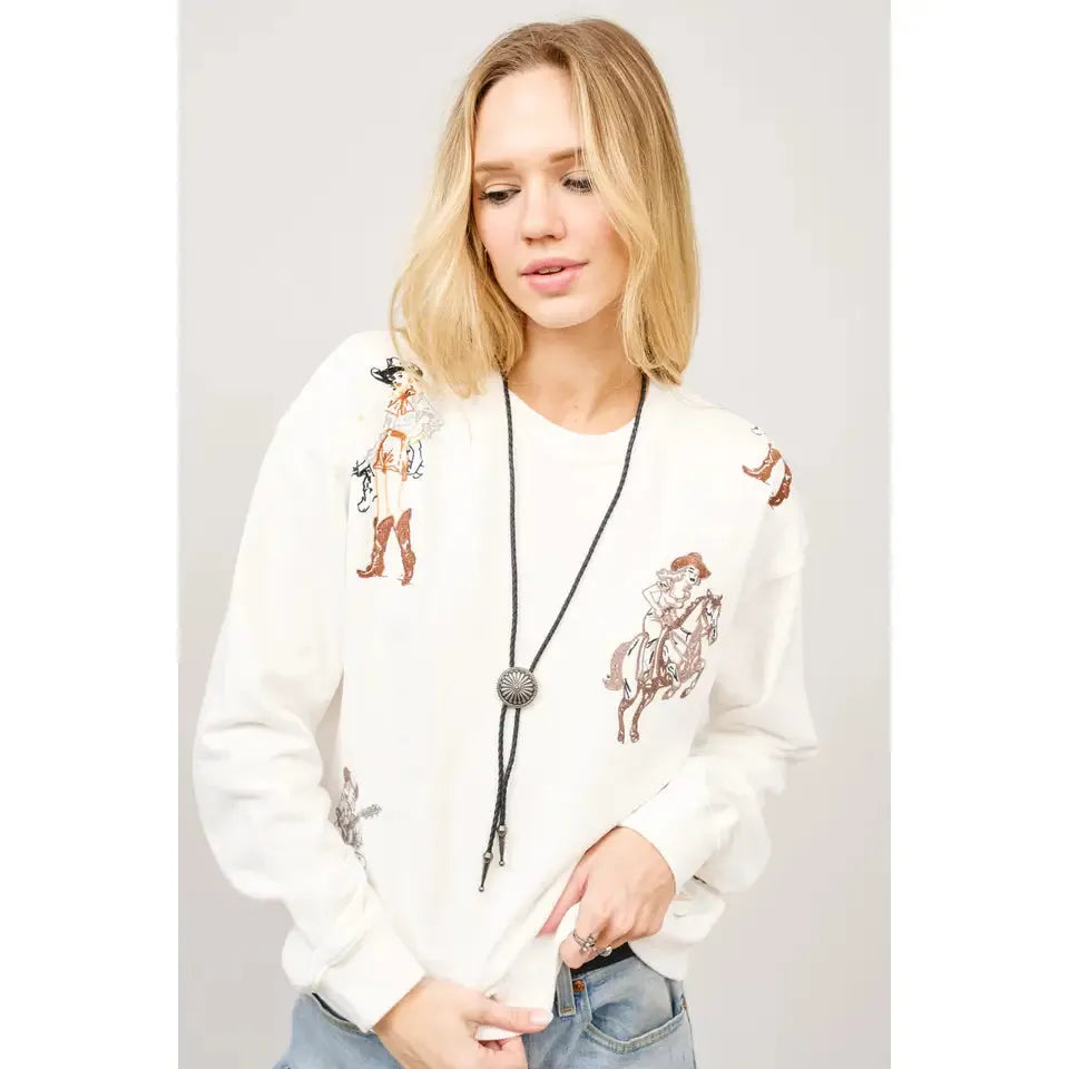 Blue B Western Motif Embroidered Graphic Sweatshirt- Tan