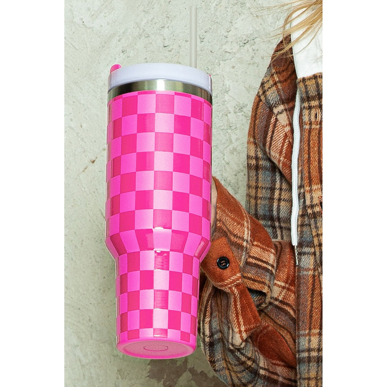 Dear Lover 40oz Checkered Print Handled Stainless Steel Tumbler Cup - Pink