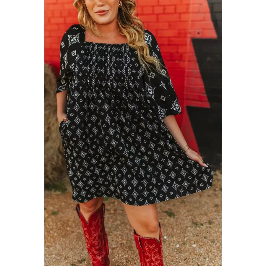 Lucky & Blessed Women's Flutter Sleeve Aztec Square Neckline Dress- Black