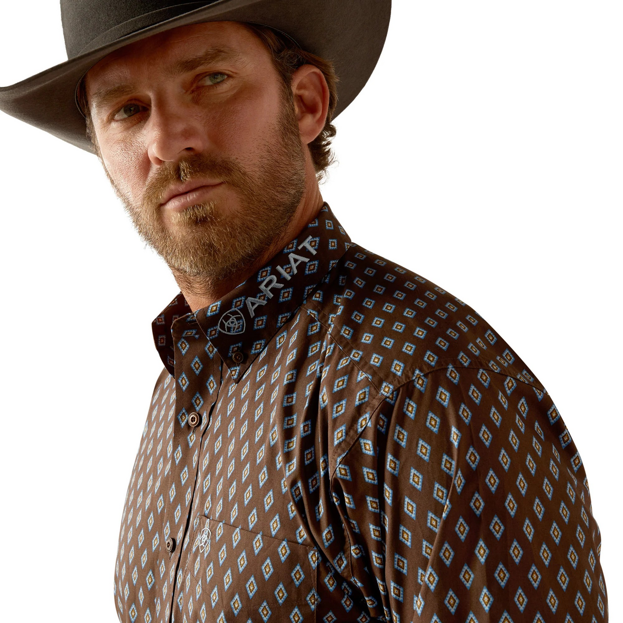 Ariat Men's Team Oak Logo Long Sleeve Shirt- Brown/Light Blue