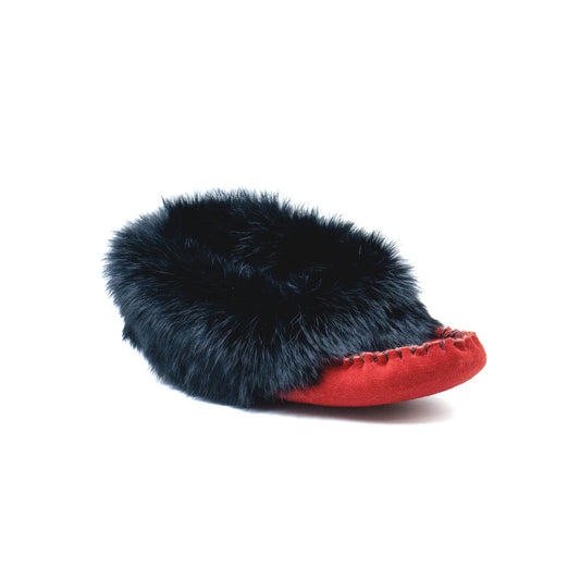 Bastien Ladies Suede Moccasins - Red with Black Fur Trim