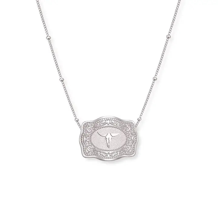 Spur West Mini Belt Buckle Longhorn Necklace- Silver