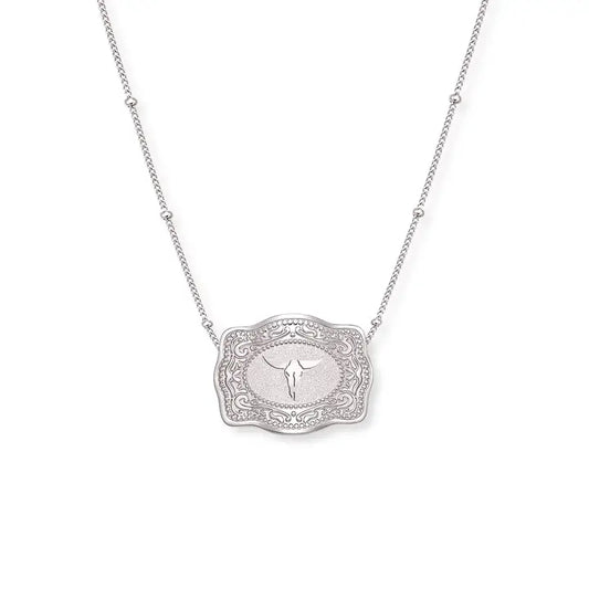 Spur West Mini Belt Buckle Longhorn Necklace- Silver