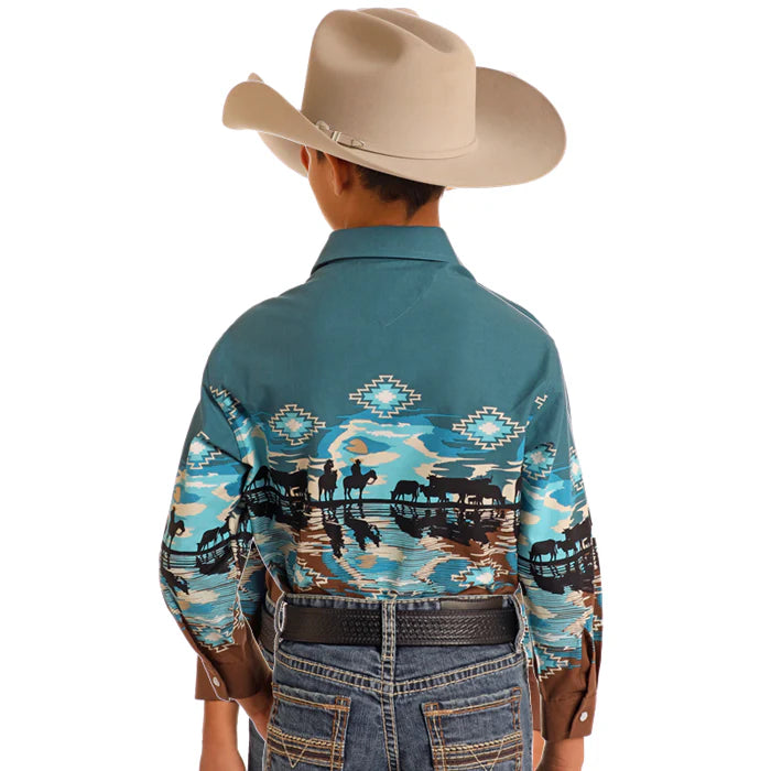 Panhandle Boy's Long Sleeve Border Print Shirt- Peacock