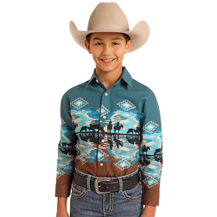 Panhandle Boy's Long Sleeve Border Print Shirt- Peacock