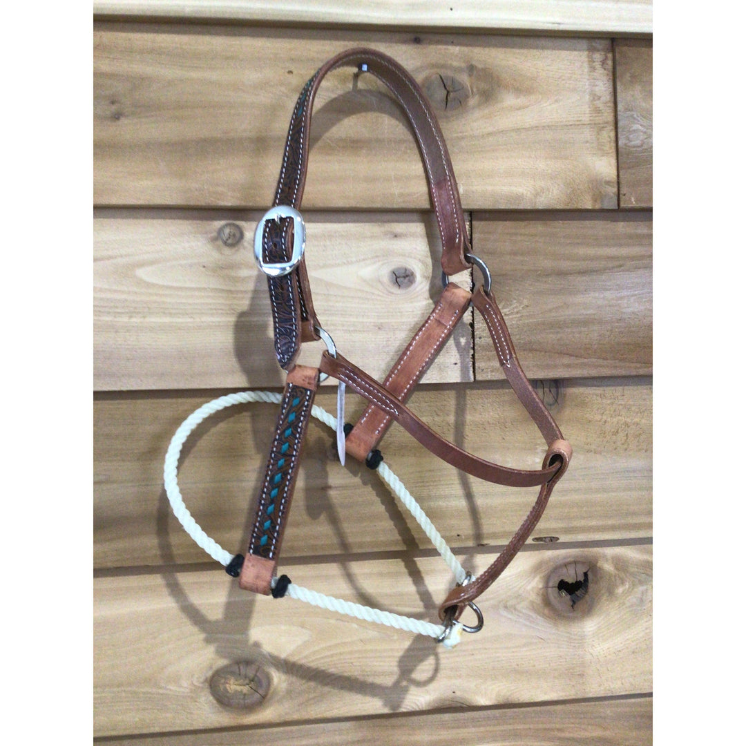 San Saba 1" Harness Leather Halter w/ Rope Nose -Floral &amp; Buckstitch