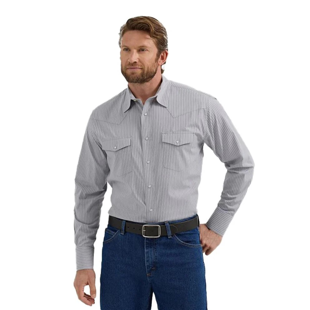 Wrangler Men's Long Sleeve Classic Pearl Snap Stripe Shirt - Grey