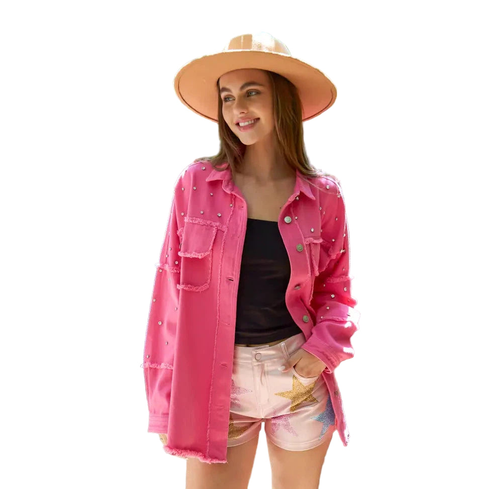 Peach Love California Trendy Studded Loose Fit Shirt - Assorted Colours