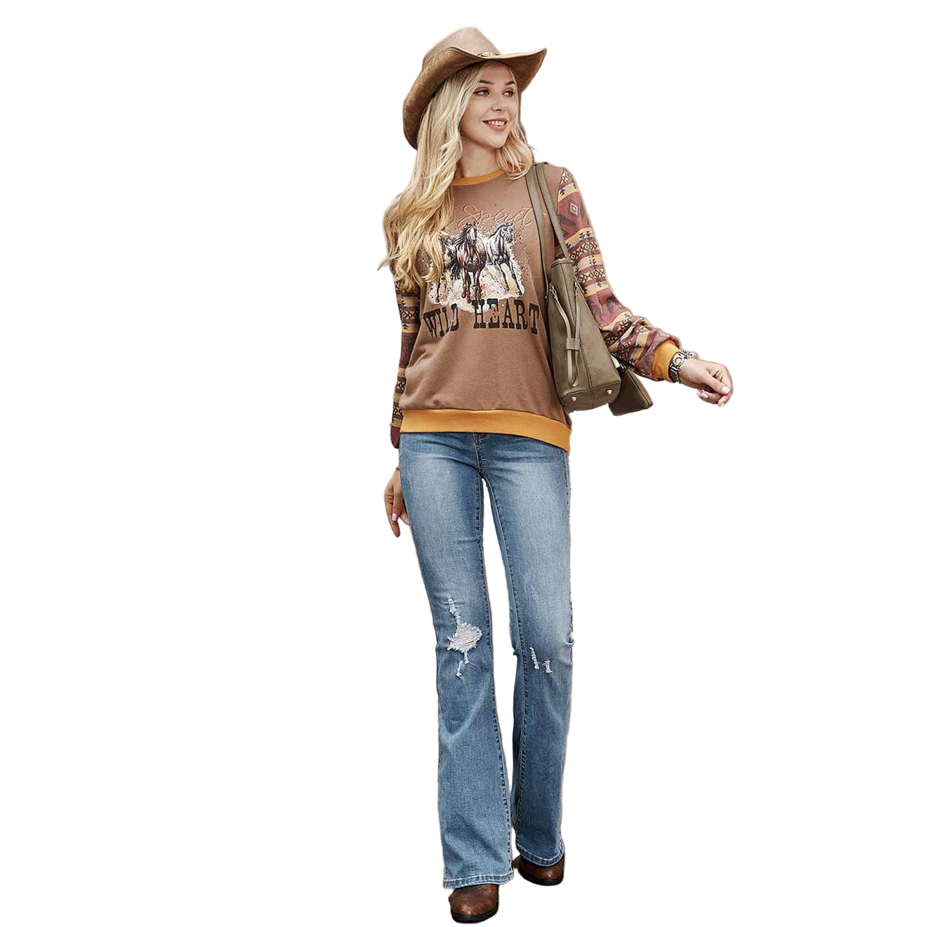 American Bling Women's Horse Graphic Patchwork Aztec Sweatshirt - Coffee