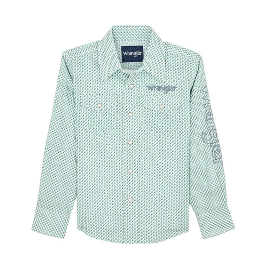 Wrangler Boy's Logo Long Sleeve Shirt - White/Teal