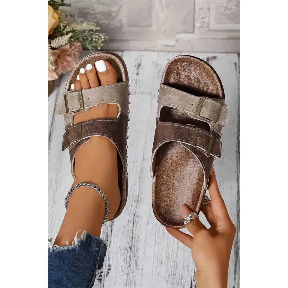 LDC Western Suede Rivet Hollow Out PU Leather Slip On Sandals- Coffee