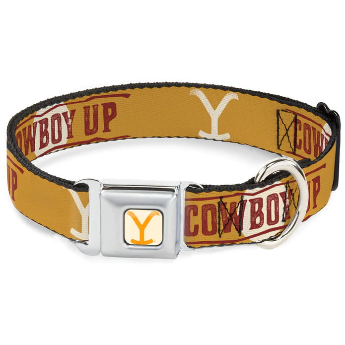 Buckle Down Dog Collar Yellowstone Y Logo Cowboy Up - Orange Red White - Medium