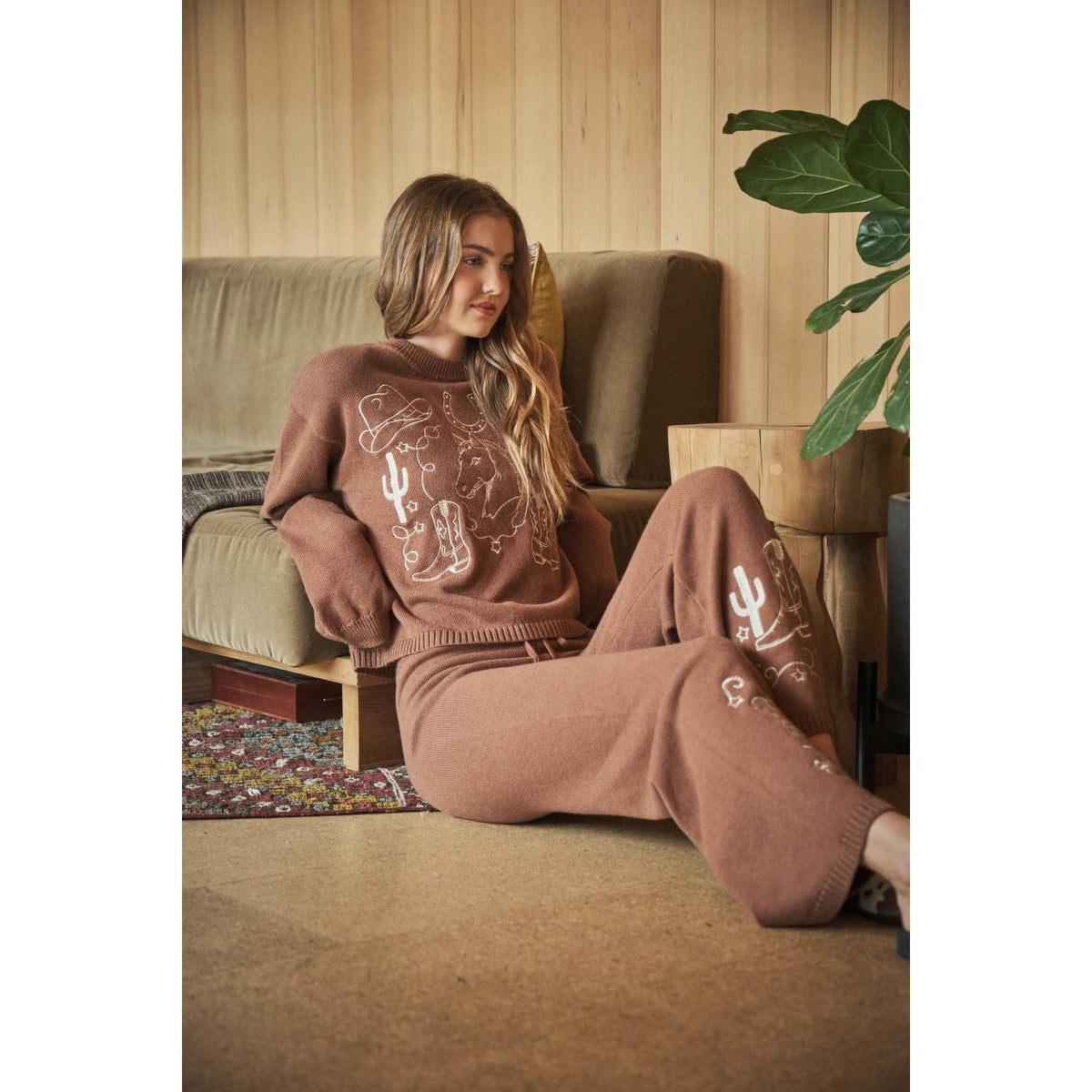 Blue B Women's Western Embroidered Sweater Set - Mocha
