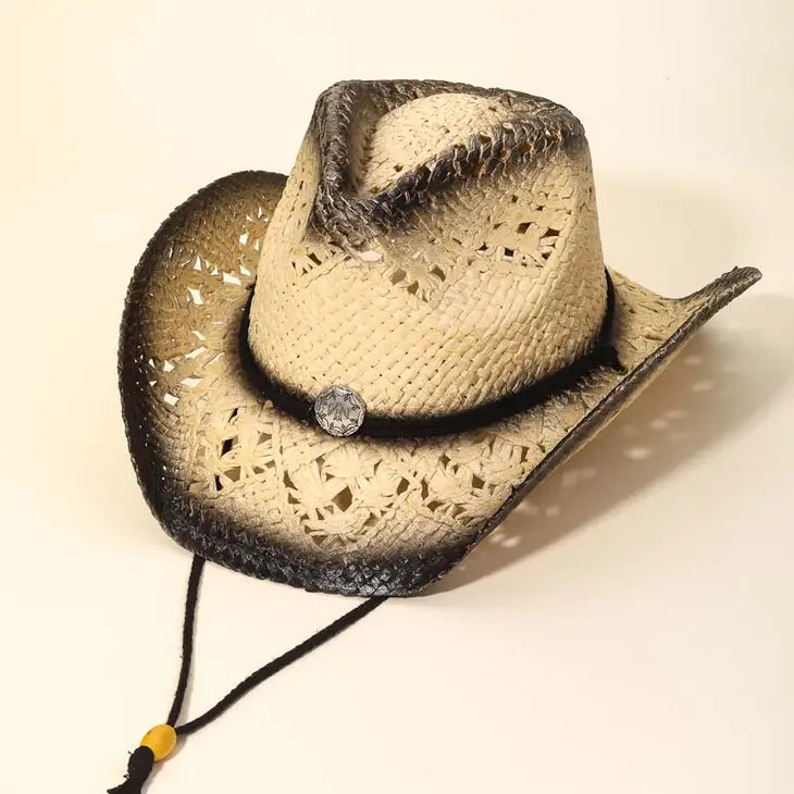 Anarchy Rope Strap Straw Braided Cowboy Hat-BK