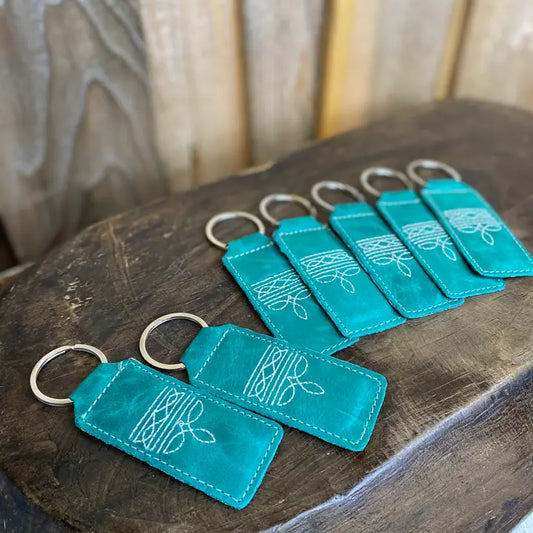 Western Linens Turquoise Bootstitch Leather Keychain