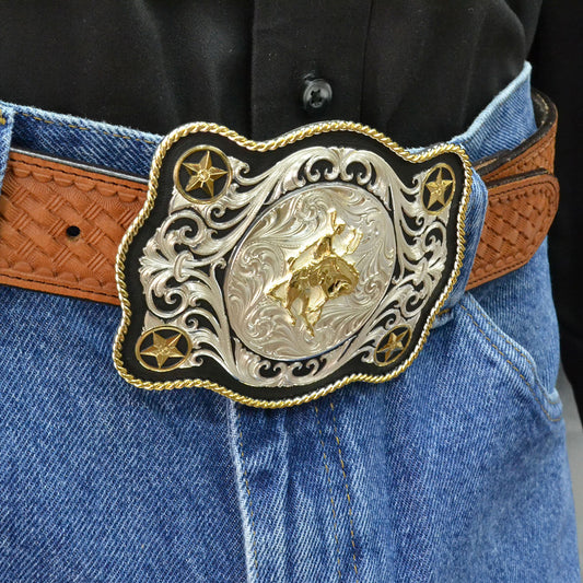 Montana Silversmiths Scalloped Sheridan Style Belt Buckle with Bronc Rider