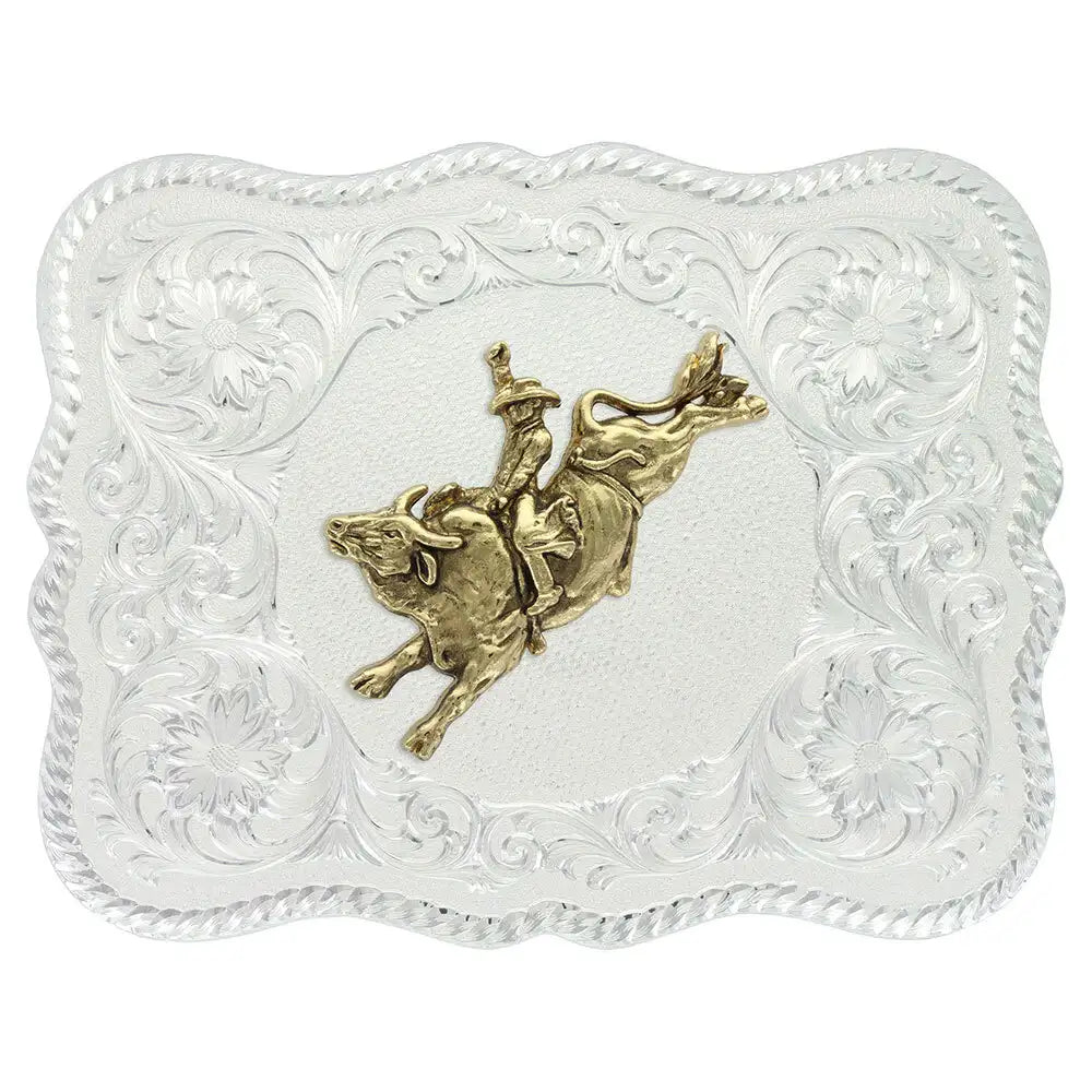 Montana Silversmiths Scalloped Silver Western Belt Buckle with Bull Rider