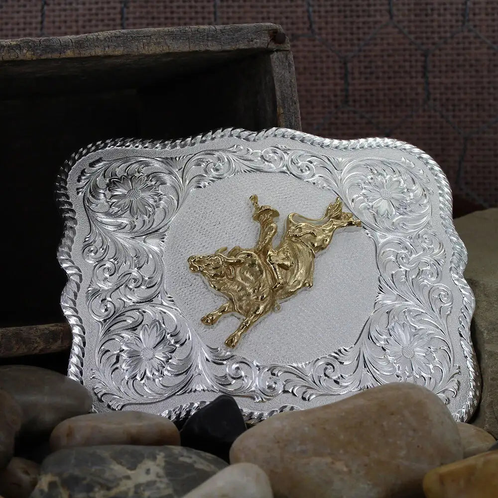 Montana Silversmiths Scalloped Silver Western Belt Buckle with Bull Rider