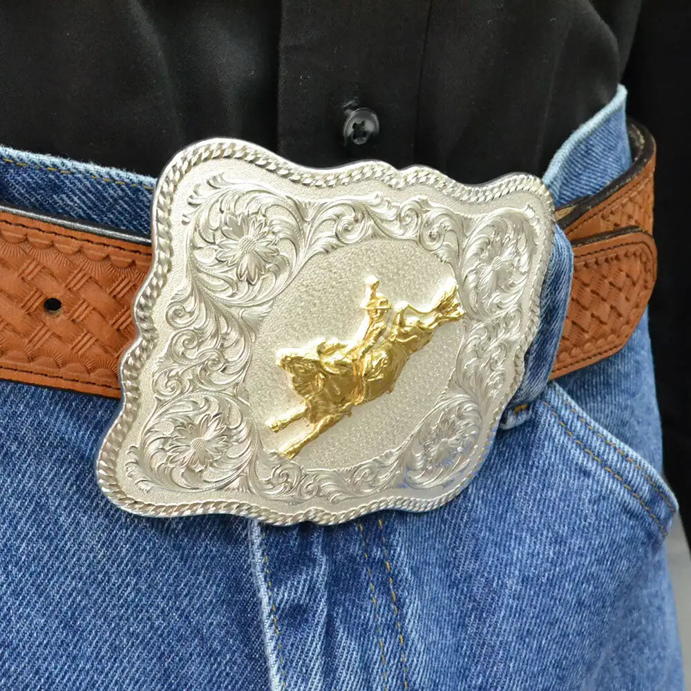 Montana Silversmiths Scalloped Silver Western Belt Buckle with Bull Rider