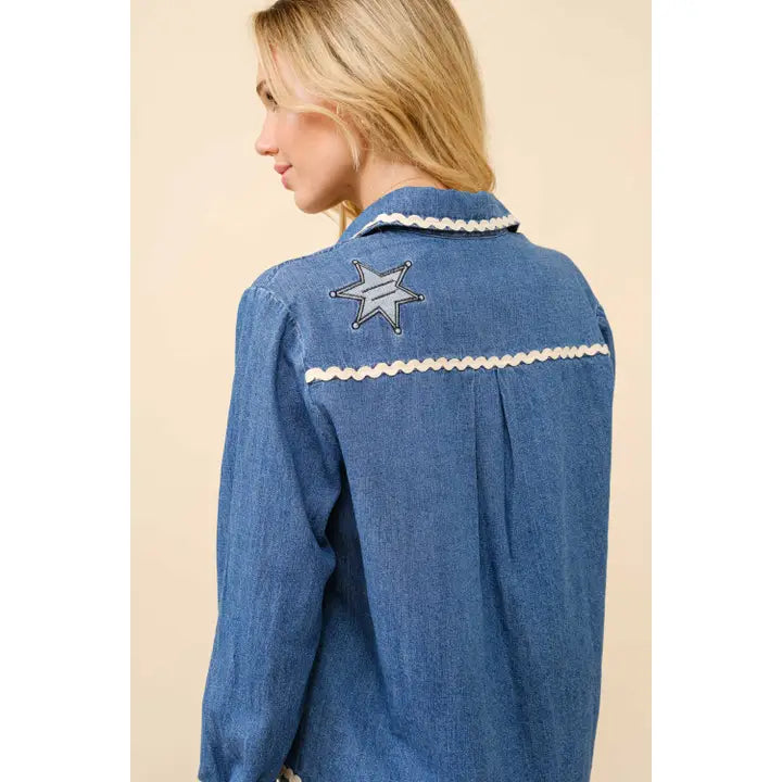 Women's Long Sleeve Ric Rac Embroidered Denim Top- Indigo