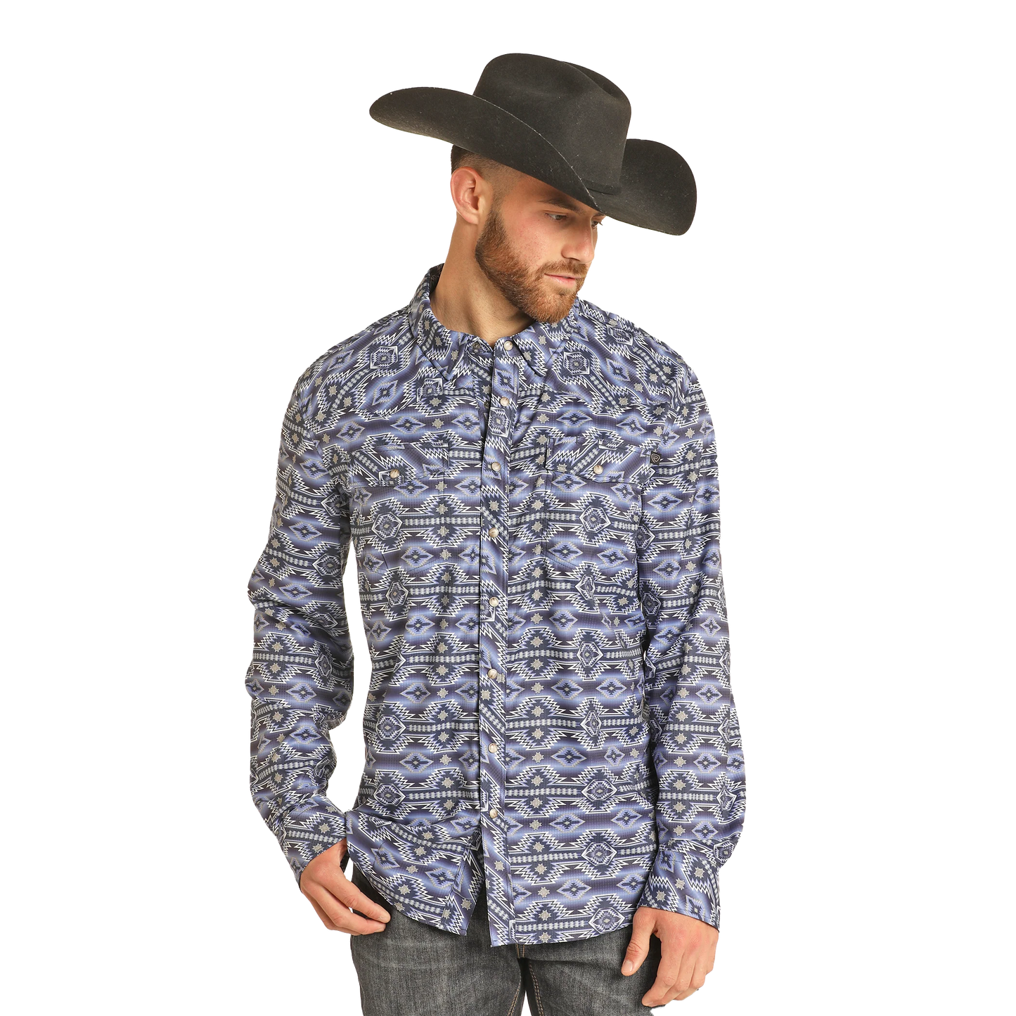 Rock & Roll Men's 2 Pocket Trek Long Sleeve Snap Shirt - Blue