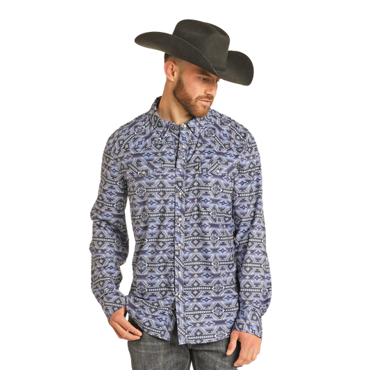 Rock & Roll Men's 2 Pocket Trek Long Sleeve Snap Shirt - Blue