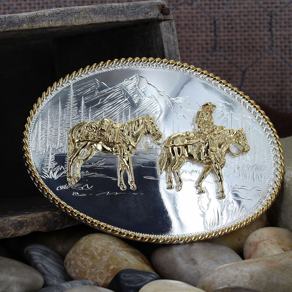 Montana Silversmiths Etched Mountains Western Belt Buckle with Pack Horse and Rider