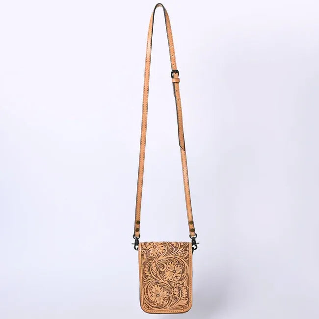 American Darling Hand Tooled Floral Leather Cellphone Crossbody Bag-Brown
