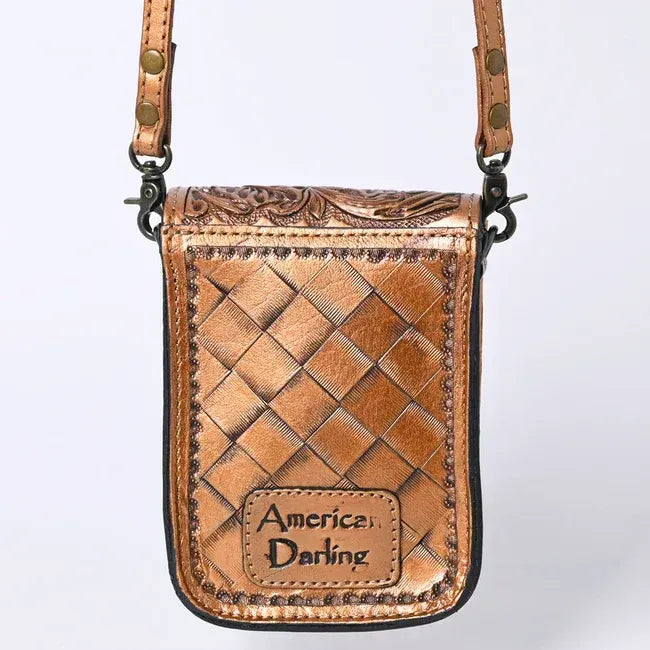 American Darling Hand Tooled Floral Leather Cellphone Crossbody Bag-Brown