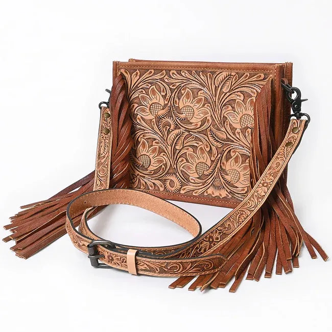 American Darling Hand Tooled Fringed  Messenger Bag- Brown